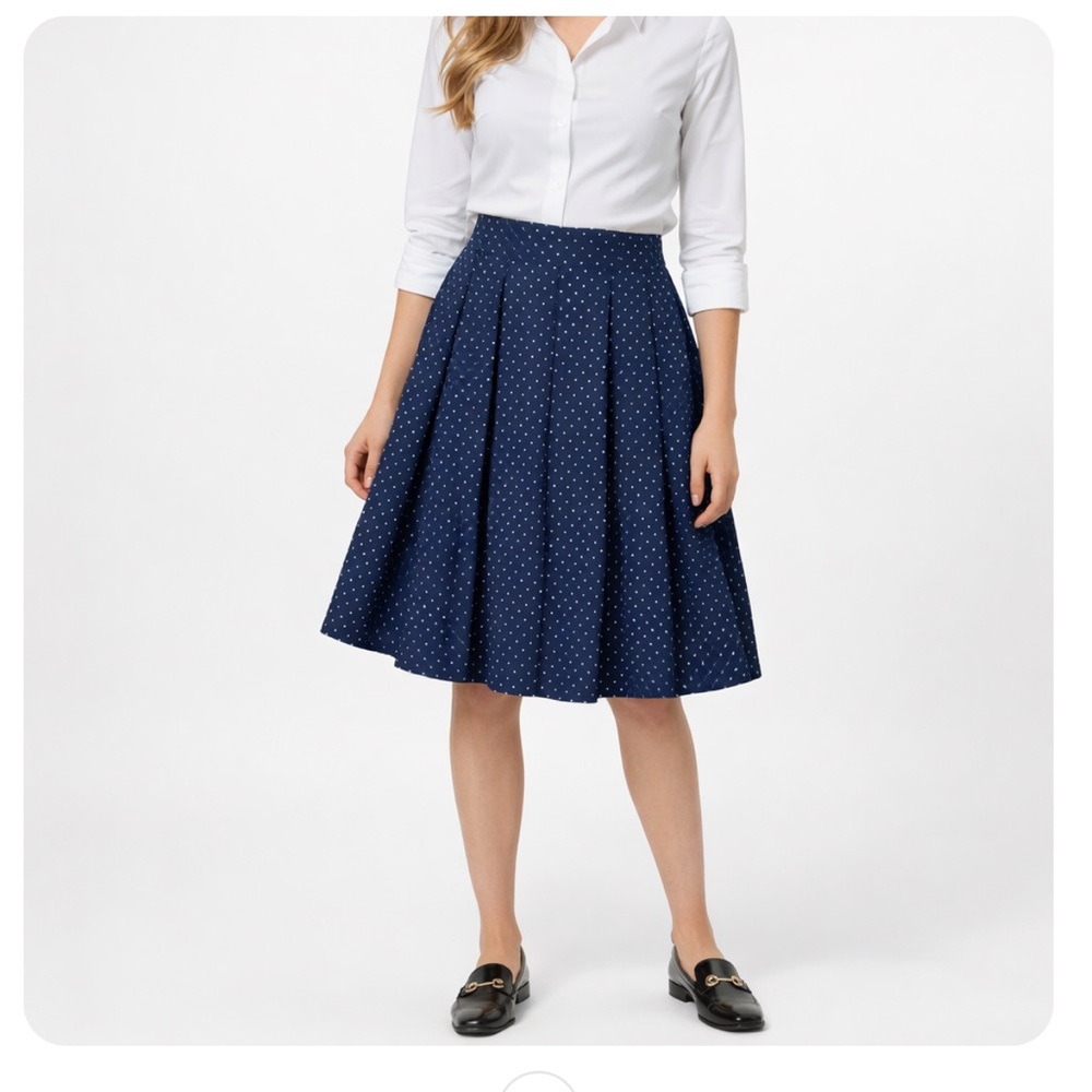 J. Crew Navy Polka Dot Pleated Midi Skirt Preppy A-Line Classic Style Size 8